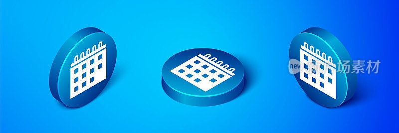 Isometric Calendar icon isolated on blue background. Event reminder symbol. Blue circle button. Vector